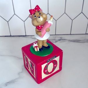 Vintage Flambro Porcelain “Bear w/Candle on Noel Block” Music Box